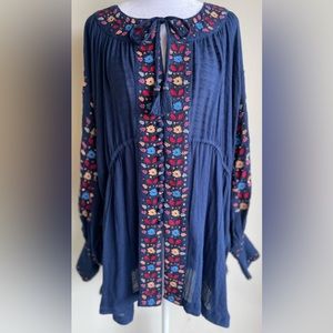 FREE PEOPLE BEAD & SEQUIN EMBELLISHED BUTTON FRONT, DRAW TIE WAIST TUNIC BLOUSE